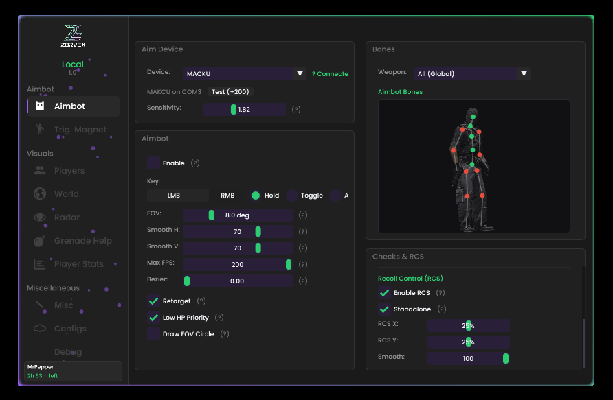 CS2 DMA Aimbot configuration with FOV, smoothing, bones and RCS settings