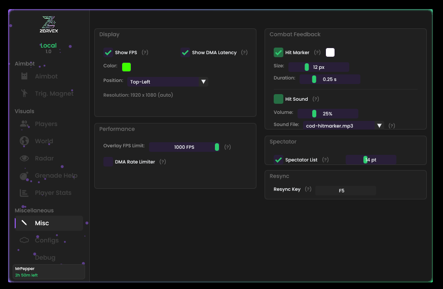 CS2 DMA miscellaneous settings with FPS display, hit markers and spectator list